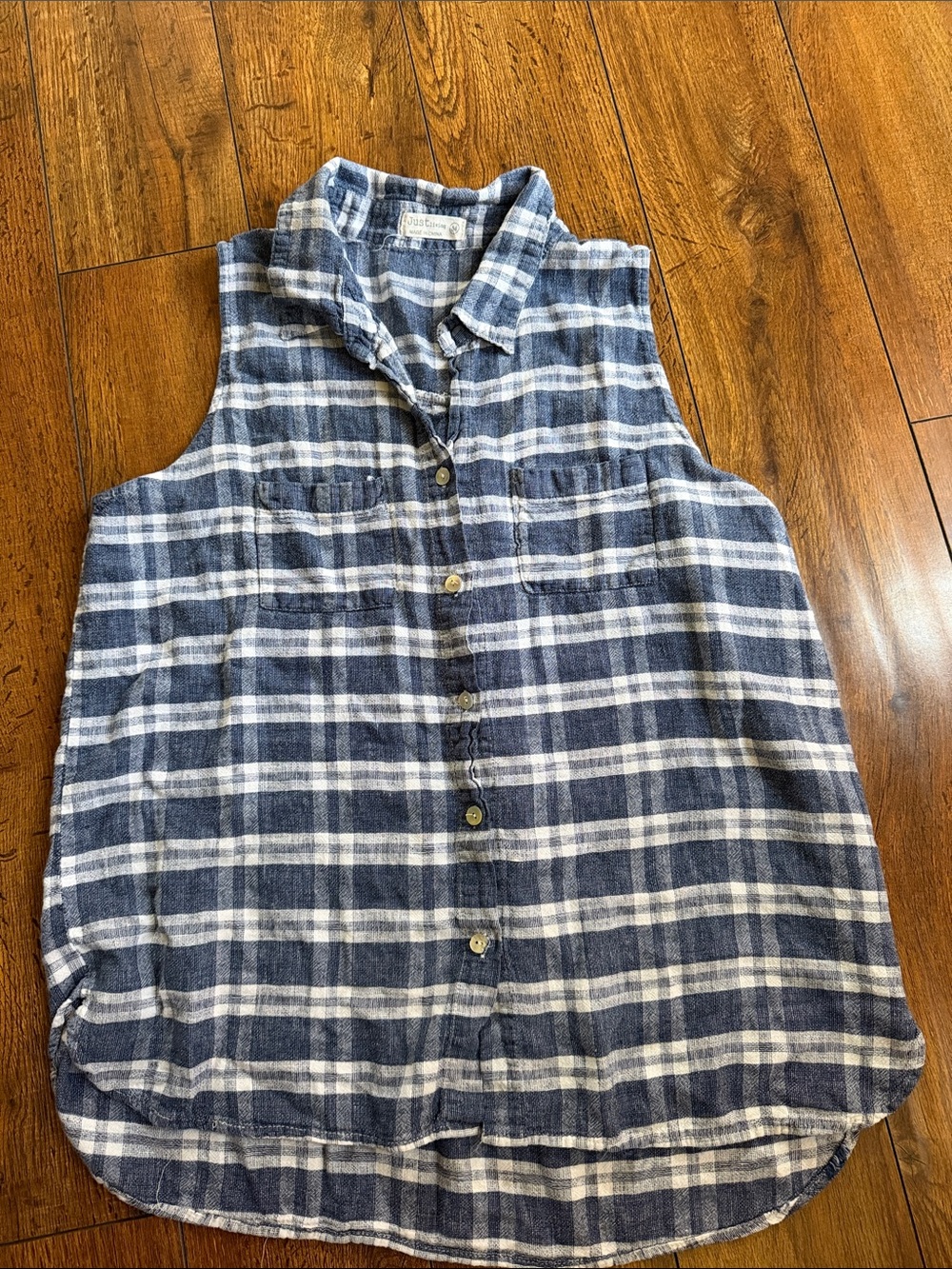 Just Living Blue and White Plaid Sleeveless Button-Down Shirt